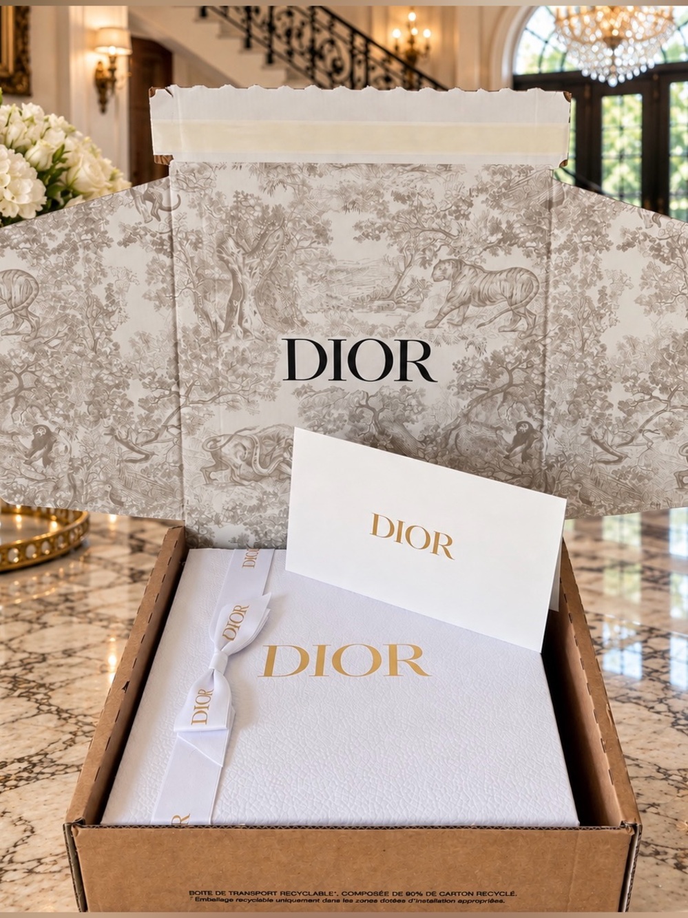 New Dior Medium Gift Box 9x9x4.5” White Textured Box Gold Logo Ribbon Gift Card